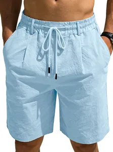 Short homme bleu clair à cordon, texture lin coton respirant pour plage et look été