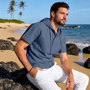 Casual men's summer cotton linen short-sleeved hooded T-shirt in blue, beach style