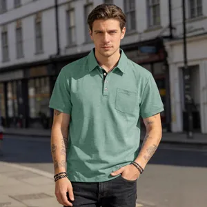 Stylish mens casual lapel polo shirt with pocket in sage green, outdoor urban street style