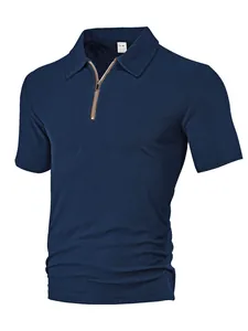 Detail view of navy blue men's polo shirt with zipper placket and textured jacquard fabric