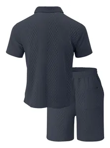 Detailed back view of men's short sleeve polo shirt and shorts set with diamond texture
