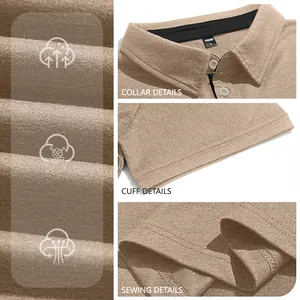 Detailed view of khaki men's business casual short sleeve polo shirt