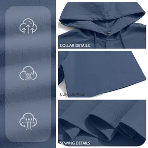 Vue détaillée de la chemise à capuche bleue en coton et lin pour homme avec finitions