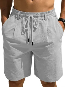Short de plage ample gris clair en coton et lin respirant pour homme avec cordon