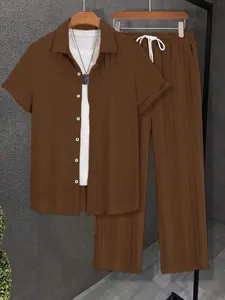 Close-up detail of a brown ribbed men's casual short-sleeve shirt and long pants set.