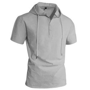 Men's casual cotton linen short sleeve hooded Henley t-shirt in light grey finish