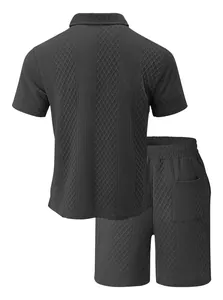 Back view detail of men's gray textured jacquard knit polo shirt and shorts set.