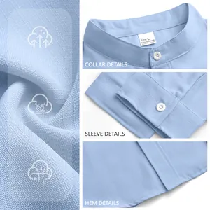 Detailed views of light blue stand collar shirt showing fabric texture and quality stitching
