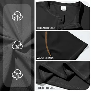Detailed view of men's black polo shirt showing collar, waist, and breathable fabric