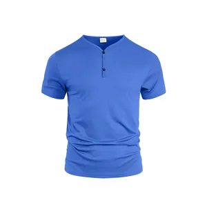Men's solid blue V-neck Henley short sleeve breathable casual sports T-shirt shirt