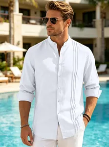White men's breathable stand-up collar casual shirt with unique vertical pleat details