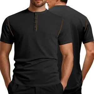 Detail of textured men's black pineapple grid Henley shirt with front and back view