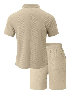Back view of men's textured beige polo shirt and matching shorts leisure set