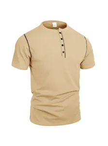 Front view of khaki men's waffle knit Henley shirt with button placket detail
