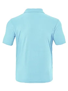 Detailed back view of a light blue short-sleeved men's Polo shirt featuring textured jacquard