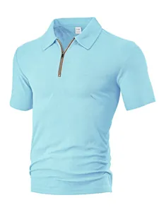 Macro detail of light blue men's polo shirt featuring textured jacquard fabric and zipper.
