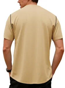 Back view of a men's retro khaki short-sleeved Polo shirt with pineapple grid texture
