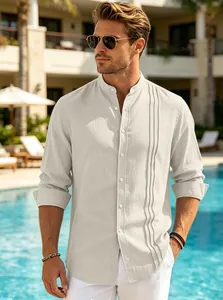 Detail of men's beige mandarin collar shirt with vertical chest pleats