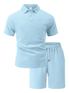 Light blue men's textured jacquard polo shirt and matching drawstring shorts sports set