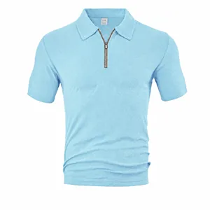Men's Casual Short Sleeve Polo Shirt Towel Jacquard Fabric Zipper Placket Lapel Loose Fit Summer Urban Fashion Top