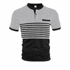Herren Business Casual Gestreiftes Patchwork Polohemd Atmungsaktiv Polyester Elasthan Henley Ausschnitt Kurzarm Top Für Sommer
