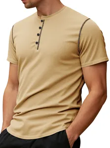 Retro men's khaki Henley Polo shirt with unique pineapple grid texture and button placket