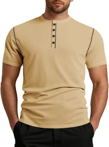 Close-up of the khaki waffle knit fabric and button placket detail on men's polo shirt.