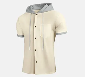 Men's casual summer short-sleeved shirt with contrast grey hood and chest pocket detail