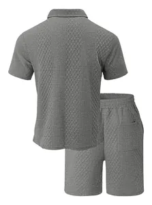 Back view of men's grey textured jacquard polo shirt and shorts casual sports set