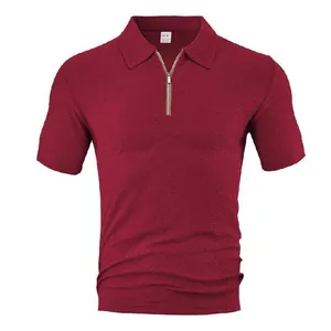Classic men's burgundy short-sleeve Polo shirt featuring zipper placket and textured jacquard