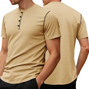 Detailed front and back view of men's khaki retro waffle knit short sleeve Henley shirt.
