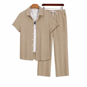 Men's Casual Hawaiian Shirt Set Short Sleeve Button Up Top And Long Pants Plisse Textured Summer Vacation Two Piece Outfits