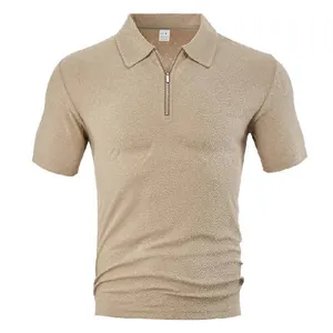 Men's casual short sleeve Polo shirt with zipper placket and jacquard texture in khaki