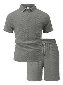 Grey men's casual two-piece set with textured jacquard polo shirt and drawstring shorts