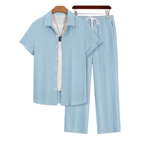 Men's light blue casual Hawaii short sleeve shirt and long pants set with textured fabric