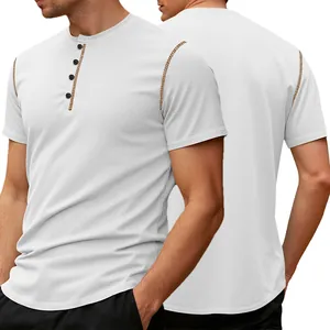 White men's Henley shirt with pineapple texture and decorative stitching details