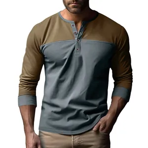 Herren Casual Color-Block Henley Shirt mit Langarm und dekorativen Knöpfen im Detail