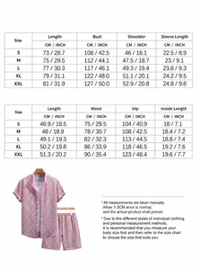 Detailed size chart for men's pink jacquard short-sleeved summer loungewear set.