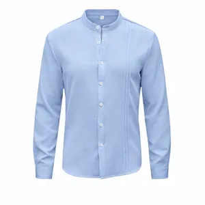 Men's American Casual Solid Color Stand Collar Long Sleeve Shirt Top Breathable Polyester Button Down Shacket Clothing For Men