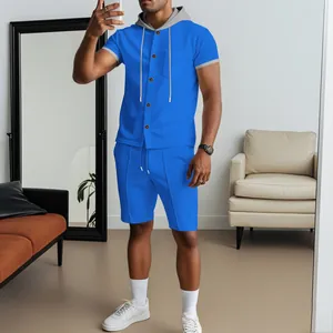 Men's blue short sleeve hooded shirt and shorts set mirror selfie view