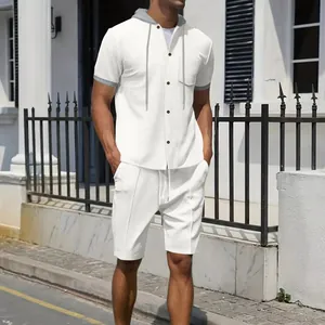 Men's summer casual white waffle knit short sleeve hooded shirt and shorts outfit set.