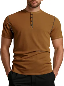 Close-up of men's summer casual Henley shirt with a unique pineapple grid texture.