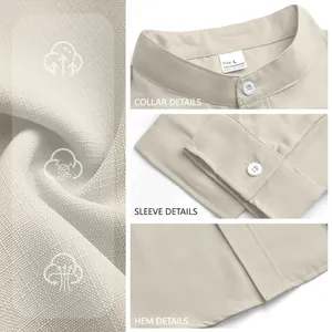 Detail view of men's breathable mandarin collar shirt in beige solid color fabric