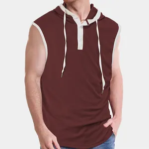 Herren weinrotes, schnell trocknendes Mesh-Hoodie-Weste mit weißem Kordelzug und Saum