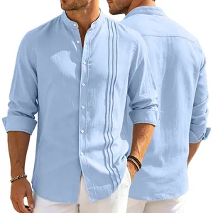 Men's light blue stand collar long sleeve casual shirt featuring unique pleated details.