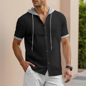 Detail shot of men's black waffle knit hooded shirt with button front and contrast trim