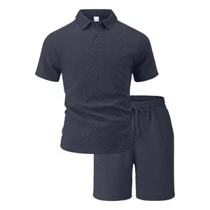 Premium men's two-piece textured jacquard polo shirt and drawstring shorts set in navy
