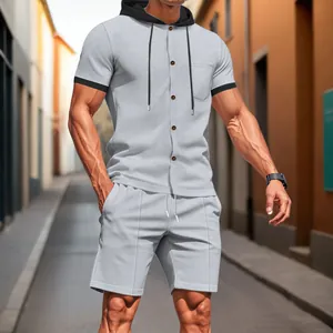 Detail view of men's casual grey hooded short sleeve shirt and matching shorts set