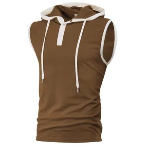 Braunes ärmelloses Kapuzen-Tanktop für Fitness mit weißem Rand und Kordelzug für Herren