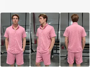 Detailed three-angle view of men's pink jacquard short sleeve shirt and shorts set for summer